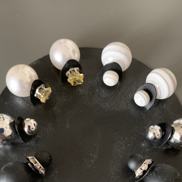 4 Front & Back Stud Earring Set – Silver, Pearl, Black Matte & Striped Design - Picture 2 of 4
